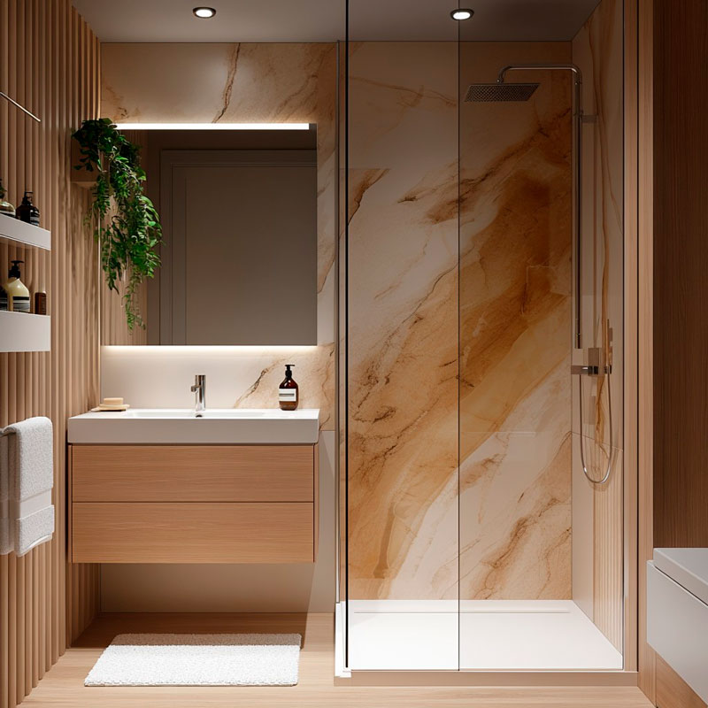 Badezimmer mit hölzernem Waschtisch, begehbarer Dusche und Marmorelementen