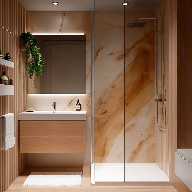 Badezimmer mit hölzernem Waschtisch, begehbarer Dusche und Marmorelementen