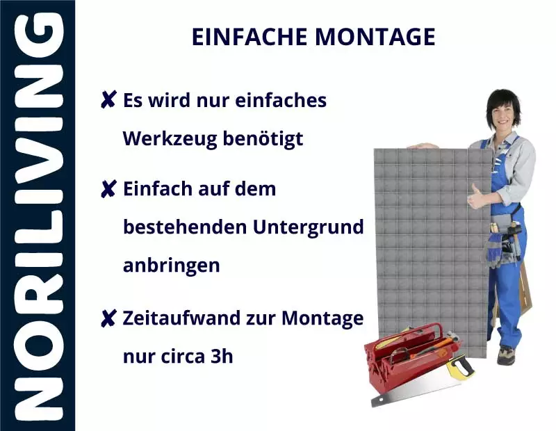 Person zeigt auf eine Platte mit einfacher Montageanleitung von NORILIVING, benötigtes Werkzeug liegt bereit.