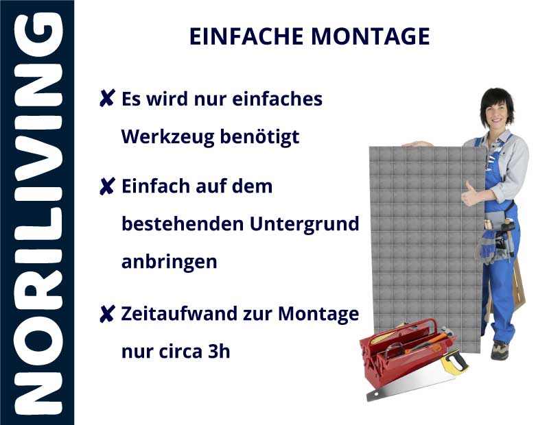 Person zeigt auf eine Platte mit einfacher Montageanleitung von NORILIVING, benötigtes Werkzeug liegt bereit.