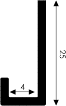 Technische Zeichnung eines rechtwinkligen Winkels, Bemaßung: Vertikal 25 Einheiten, Horizontal 4 Einheiten