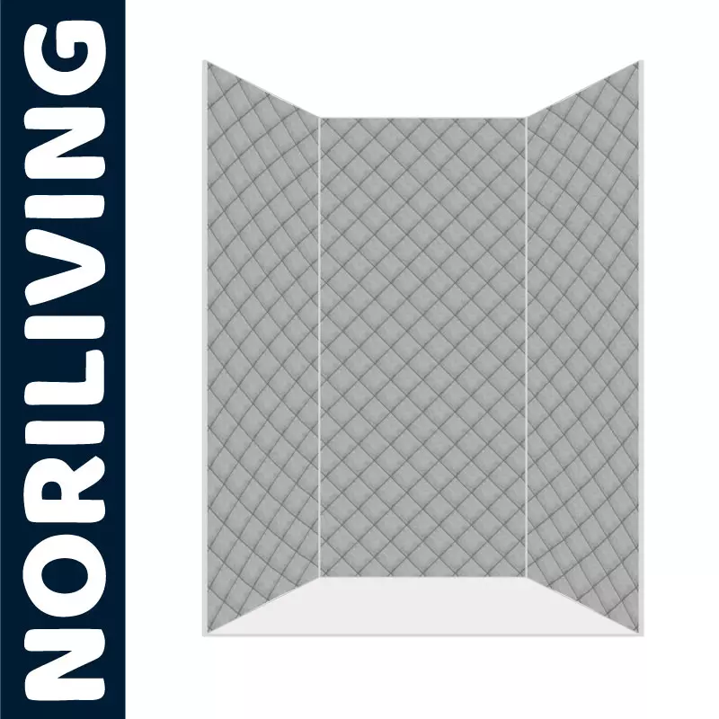 Grauer, dreiteiliger Raumteiler mit gestepptem Muster und NORILIVING-Logo