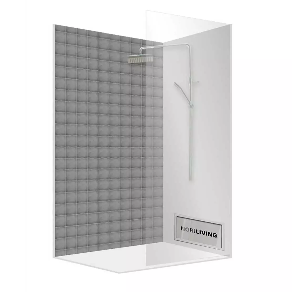 Duschwand mit grauen Kachelfliesen und integrierter Regendusche in minimalistischer Gestaltung