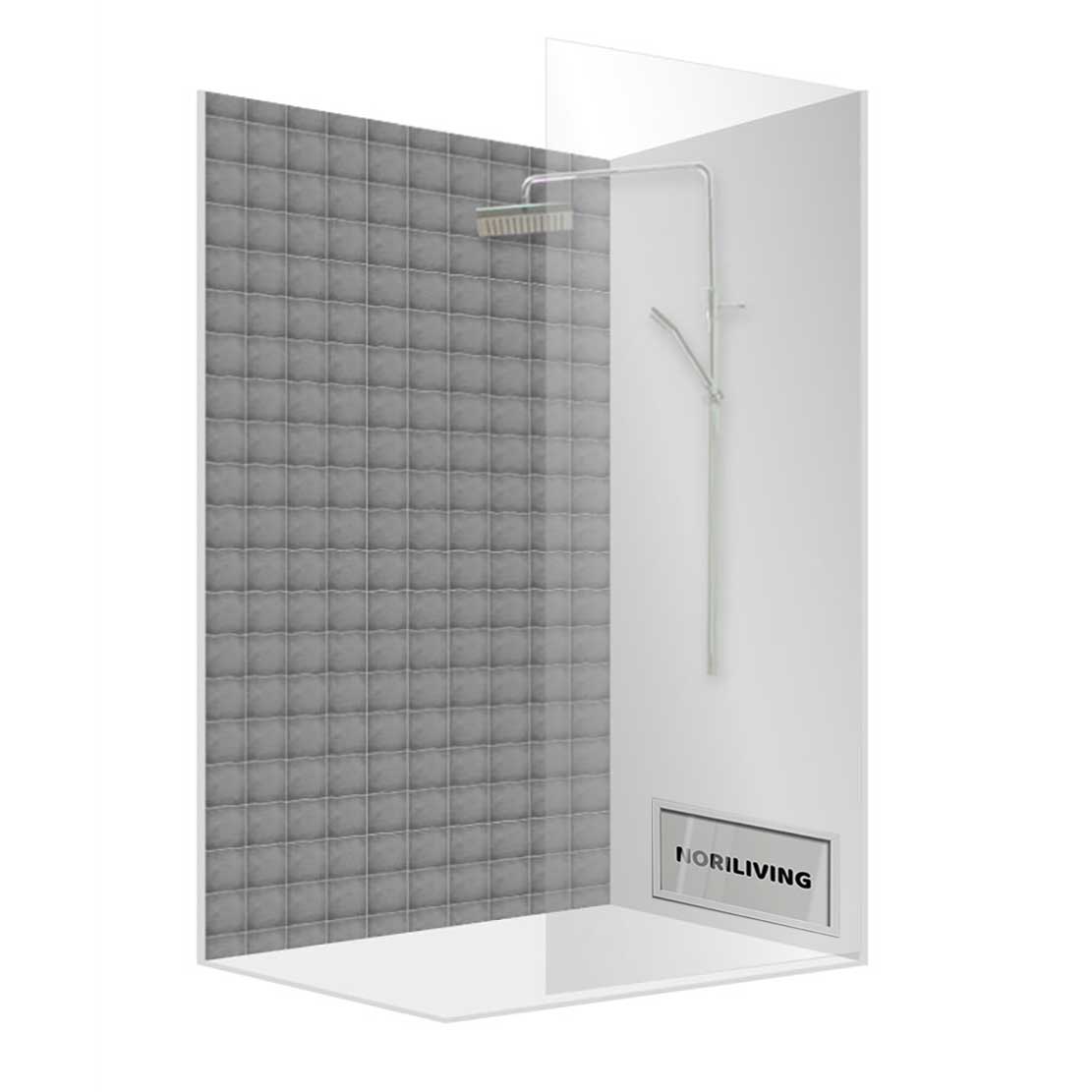 Duschwand mit grauen Kachelfliesen und integrierter Regendusche in minimalistischer Gestaltung