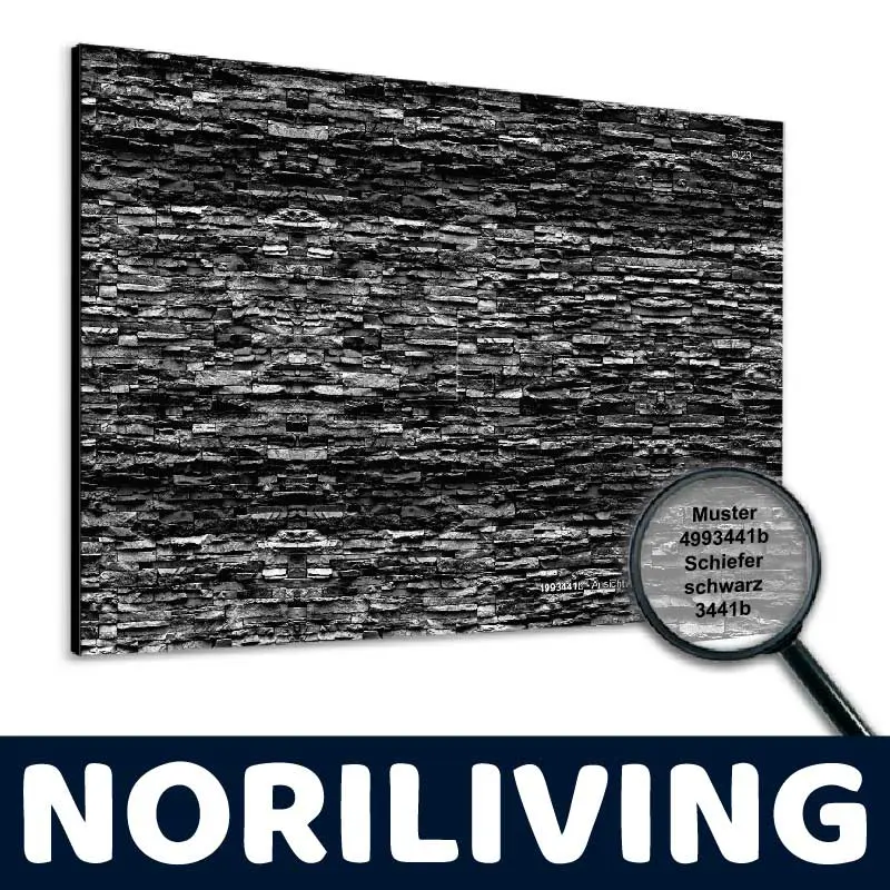 Nahaufnahme eines schwarzen Schiefer-Wandbildes mit der Musterkennung 4993441b, hergestellt von NORILIVING. Die strukturierte Oberfläche hebt das dekorative Design hervor.