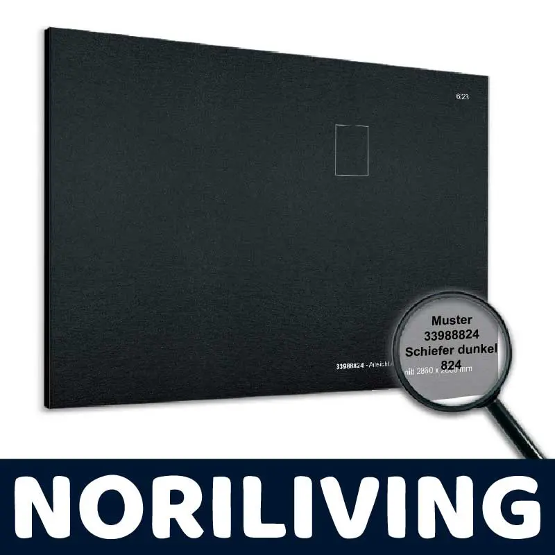 Schwarze Musterplatte 33988824, Schiefer dunkel, mit Lupe und der Aufschrift NORILIVING