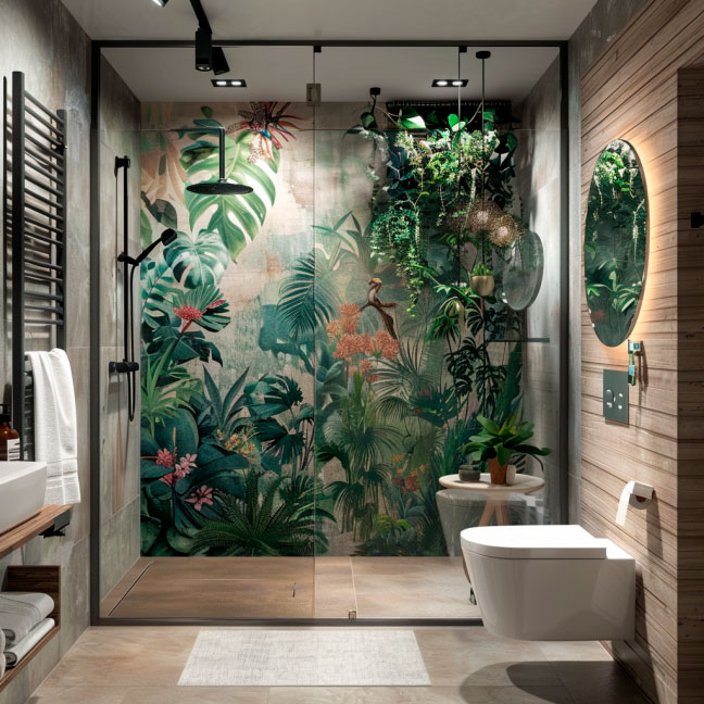 Ein luxuriöses Badezimmer mit einer Duschkabine, die ein lebendiges Dschungel-Motiv zeigt, umgeben von eleganten Holzelementen und modernen Sanitäranlagen.
