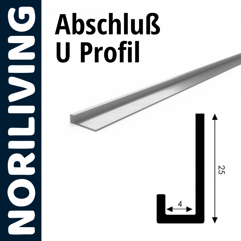 Abschluss U-Profil von NORILIVING mit den Maßen 25x4 mm, ideal für Bauanwendungen.