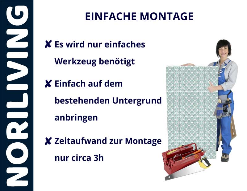 NORILIVING Montageanleitung mit Frau, die ein Paneel und Werkzeuge zeigt - einfache Installation in 3 Stunden ohne spezielles Werkzeug