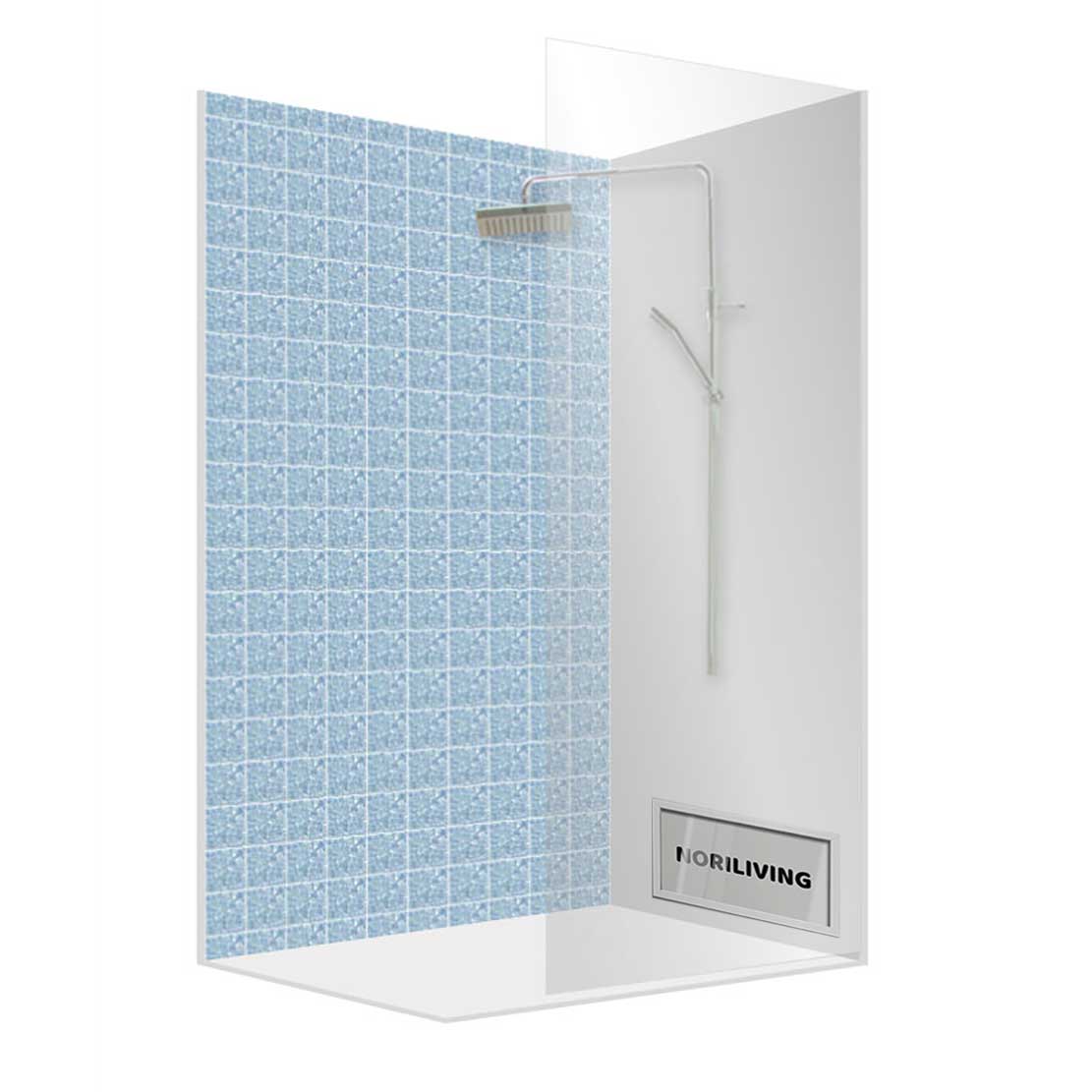 Eckdusche mit blauen Mosaikfliesen und Regenduschkopf, Marke NORLIVING
