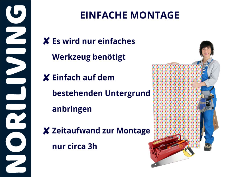 NORILIVING Produktanzeige zur einfachen Montage: Einfache Installation auf bestehendem Untergrund mit minimalem Werkzeug und einem Zeitaufwand von circa 3 Stunden.