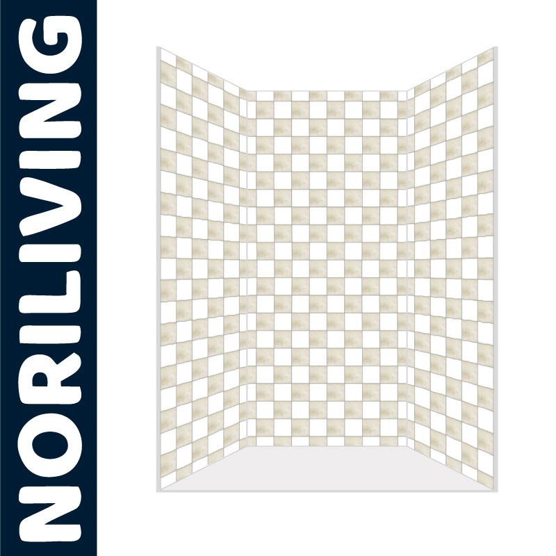 Illustration einer NORILIVING Duschkabine mit weiß-beigen Mosaikfliesen