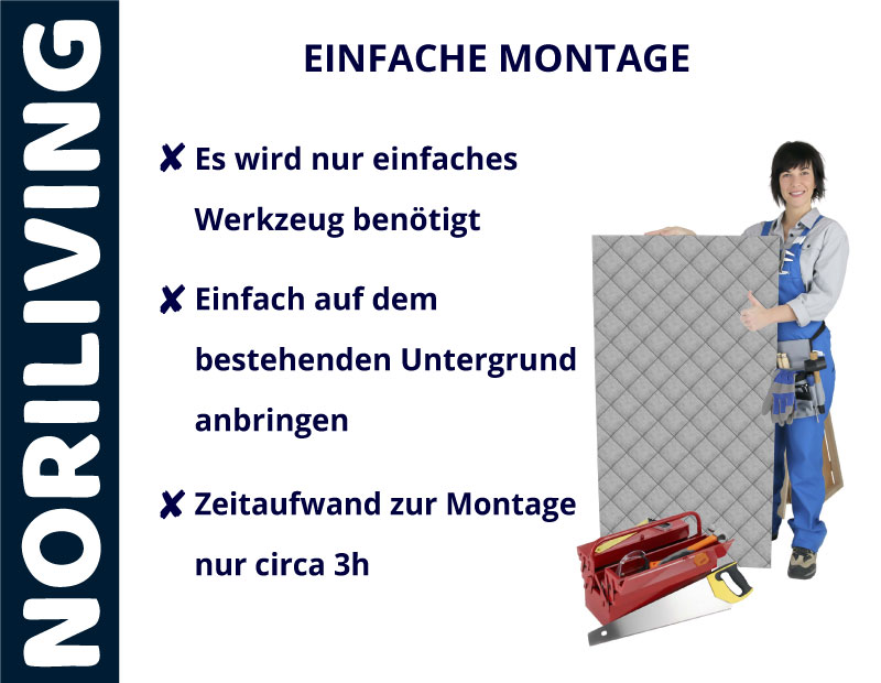 NORILIVING präsentiert einfache Montageoptionen; minimaler Werkzeugbedarf, unkomplizierte Anbringung und nur 3 Stunden Zeitaufwand.